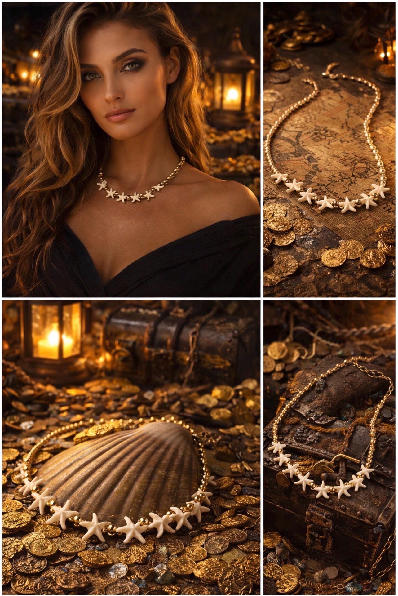 White Starfish Choker with Gold Accents and Chain Necklace