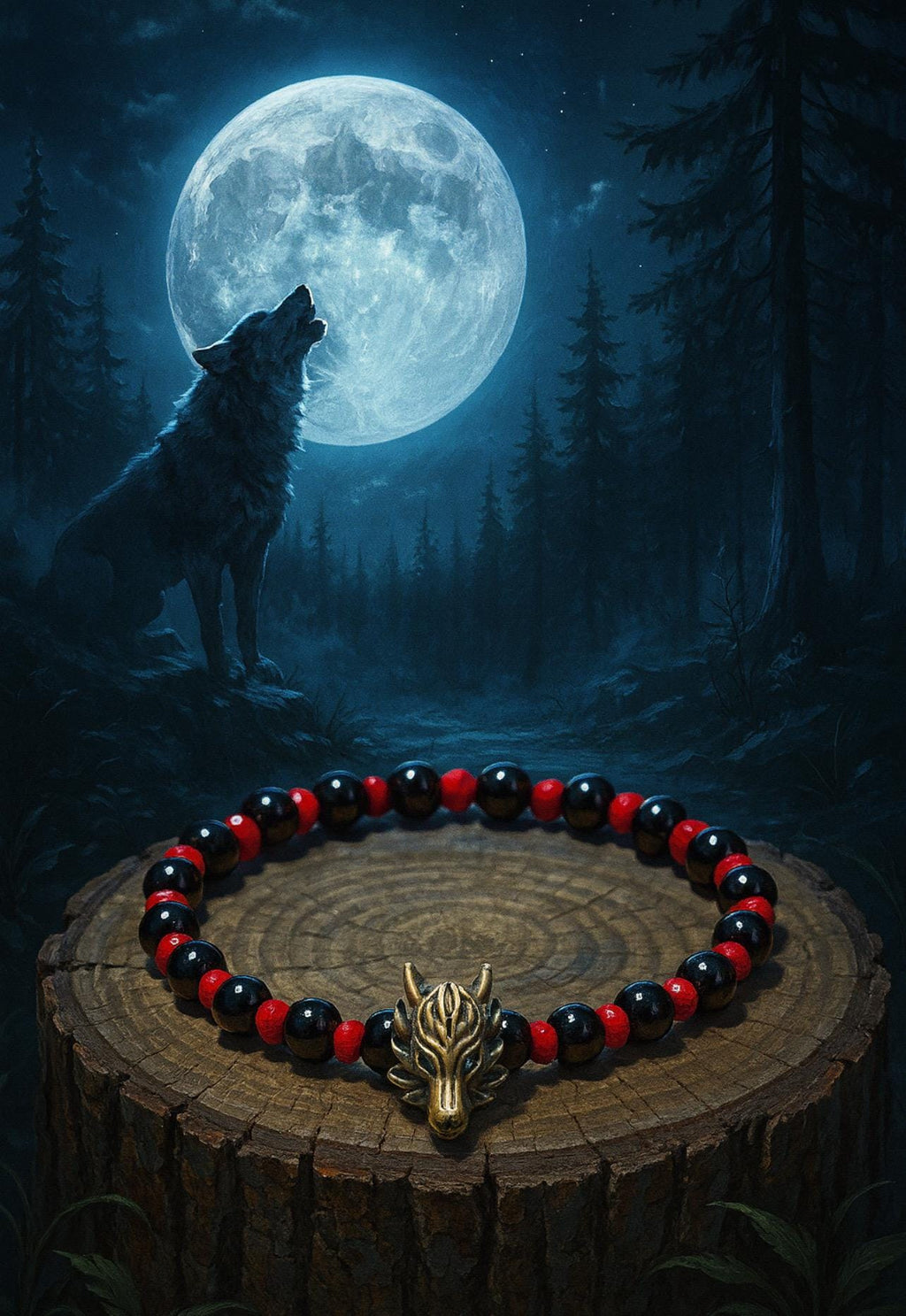 Wolf Head Beaded Bracelet: Bronze Tone, Black and Red Beads