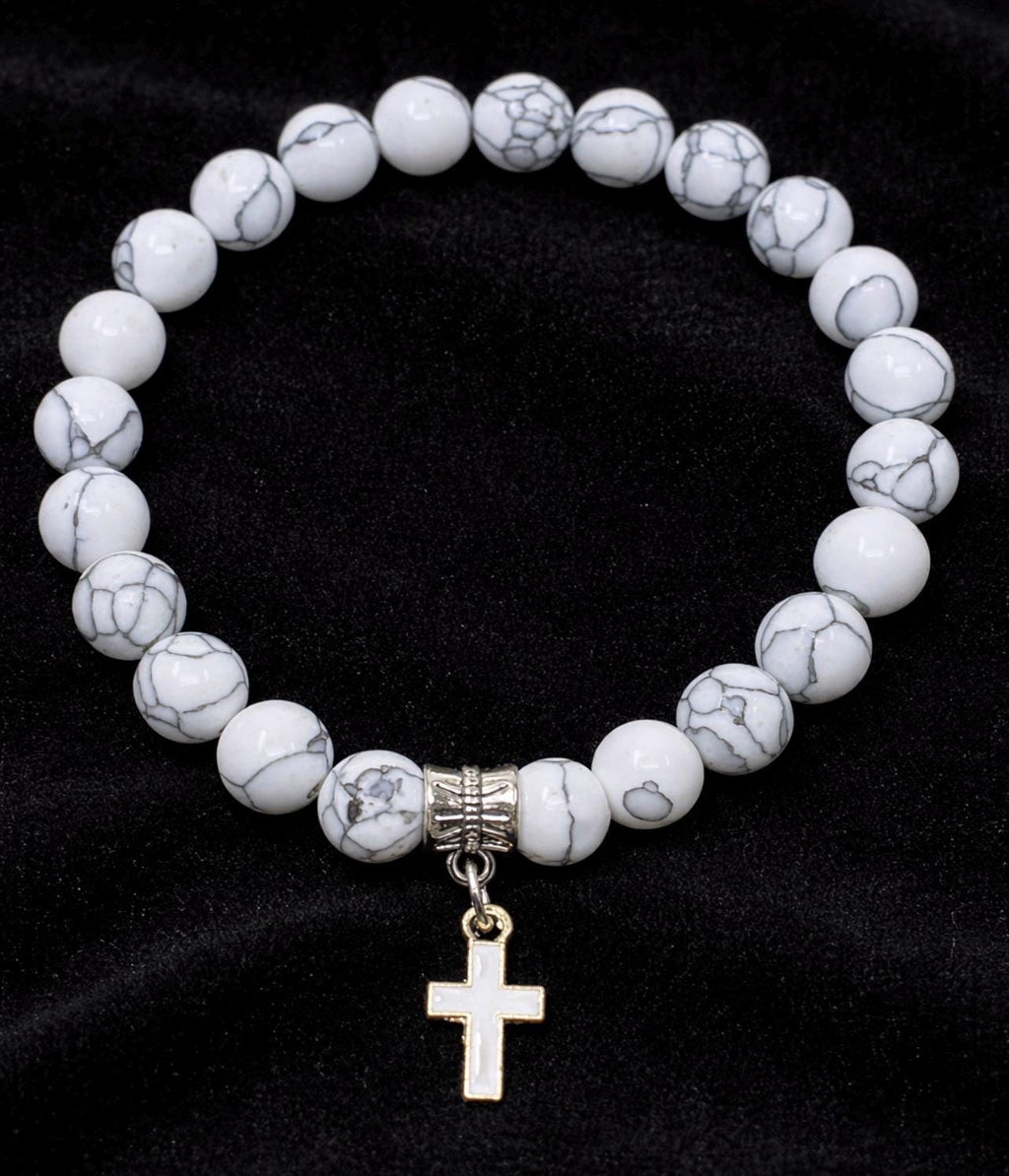 Style Beach, Bracelet - White Marble Beads with Cross
