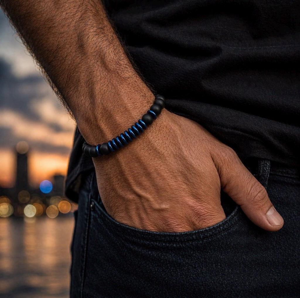 Midnight Current Matte Black Beaded Bracelet – Blue Accent Adjustable Men’s Style