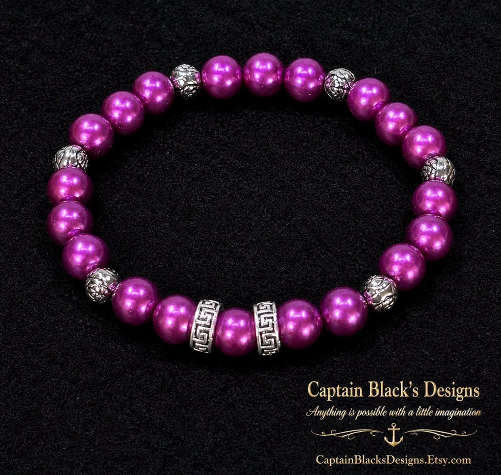 Purple Magenta Beaded Bracelet – Silver Accents Handmade Jewelry