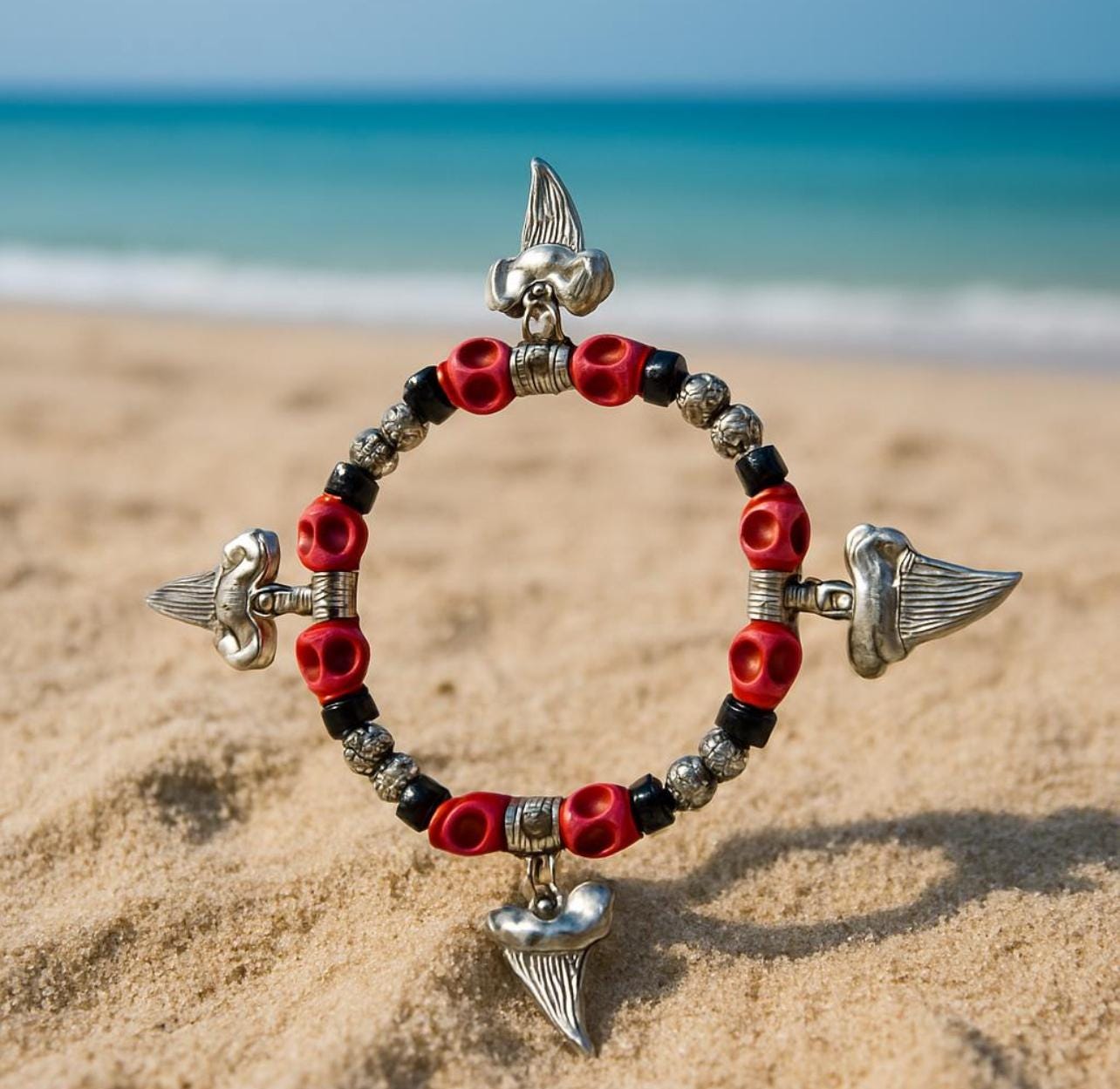 BRACELET FROM - PIRATE COLLECTION  - Red Skulls and Silver Shark Teeth