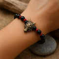 Wolf Head Beaded Bracelet: Bronze Tone, Black and Red Beads