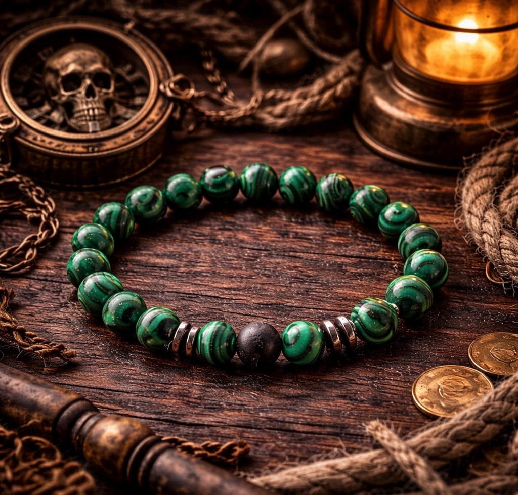 Green Malachite and Black Lava Bead Bracelet with Silver Accents – Stylish Statement Jewelry