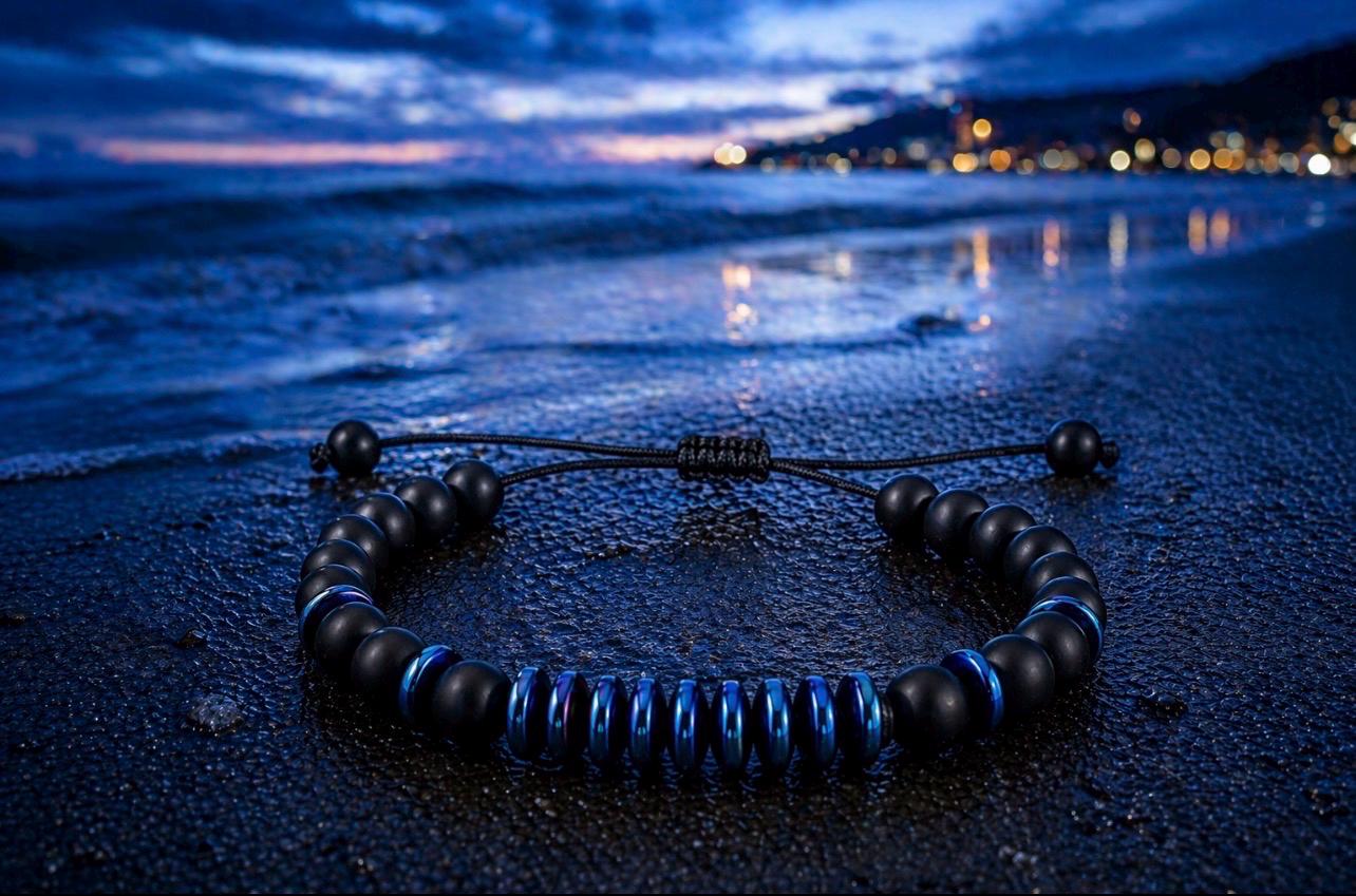 Midnight Current Matte Black Beaded Bracelet – Blue Accent Adjustable Men’s Style
