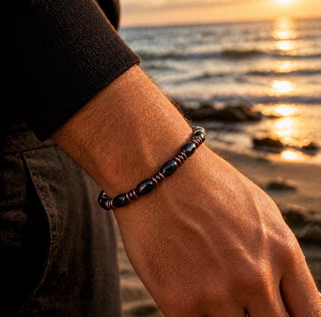 Obsidian Copper Accent Bracelet – Men's Minimalist Beaded Jewelry