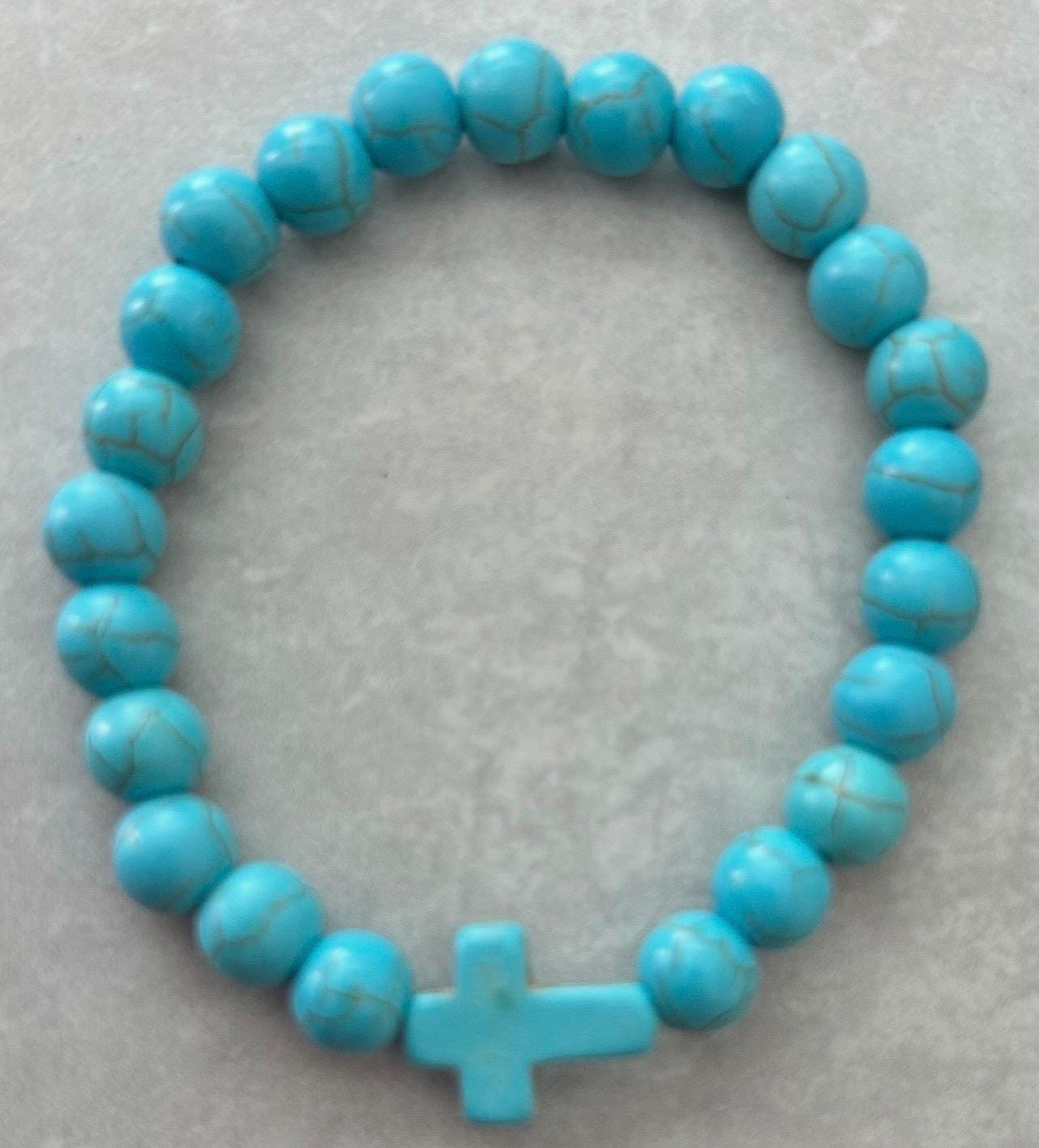 Turquoise Cross Bracelet Faith Beaded Stretch Bracelet Christian Gift for Women