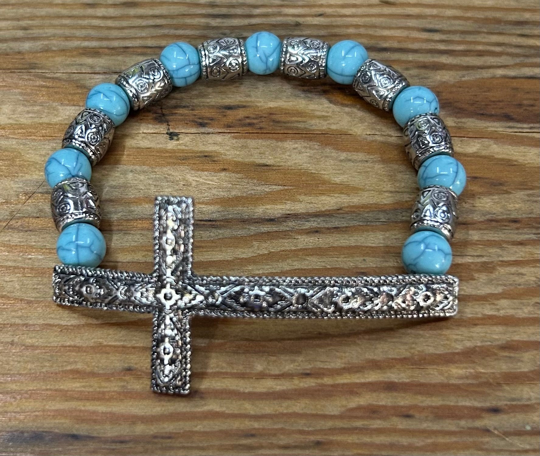 Desert Sky Collection – Turquoise & Silver Cross Stretch Bracelet