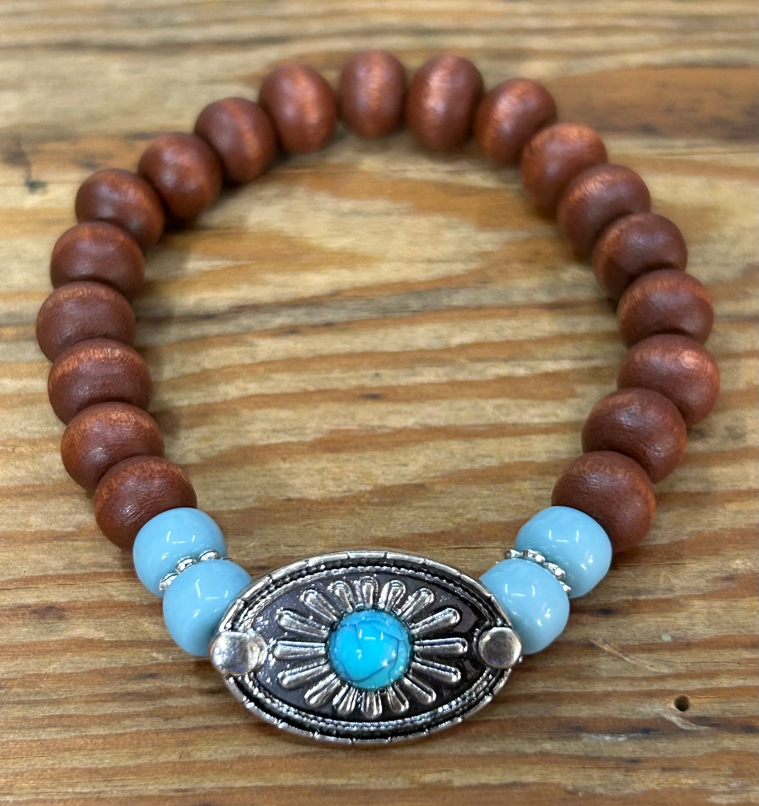 Desert Sky Collection – Wood Bead & Turquoise Concho Stretch Bracelet