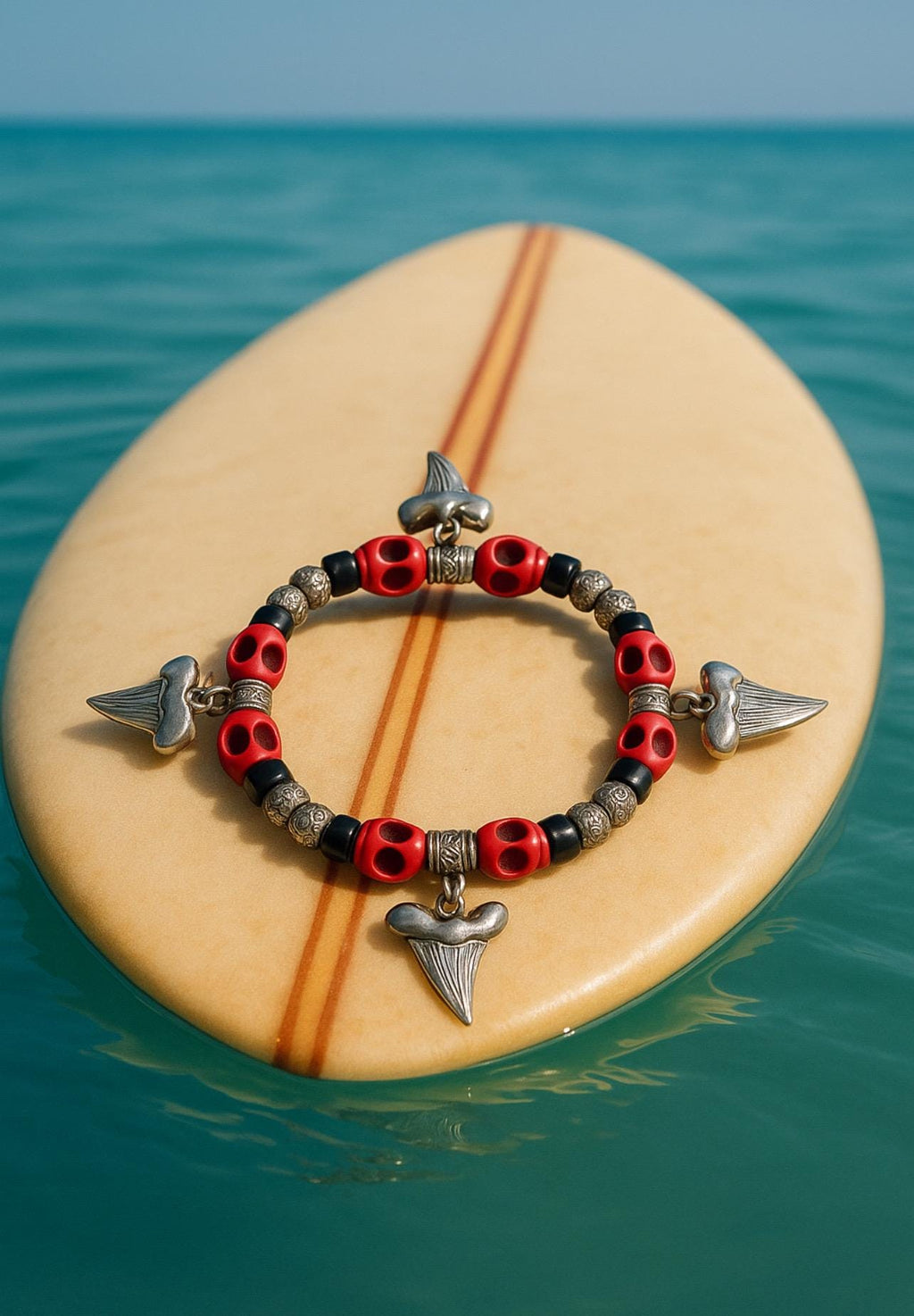 BRACELET FROM - PIRATE COLLECTION  - Red Skulls and Silver Shark Teeth