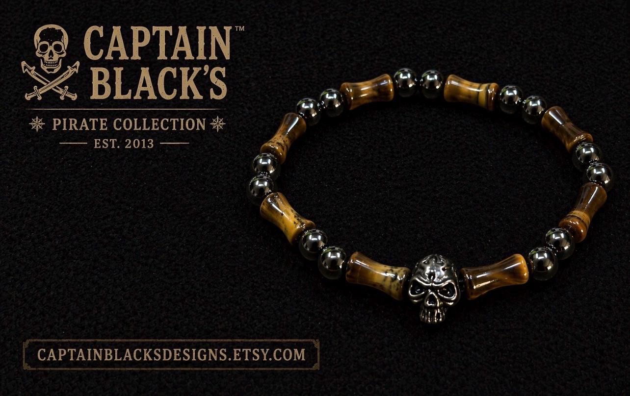 Men's Pirate Skull Bracelet: Tiger Eye, Hematite, Captain Black's Collection