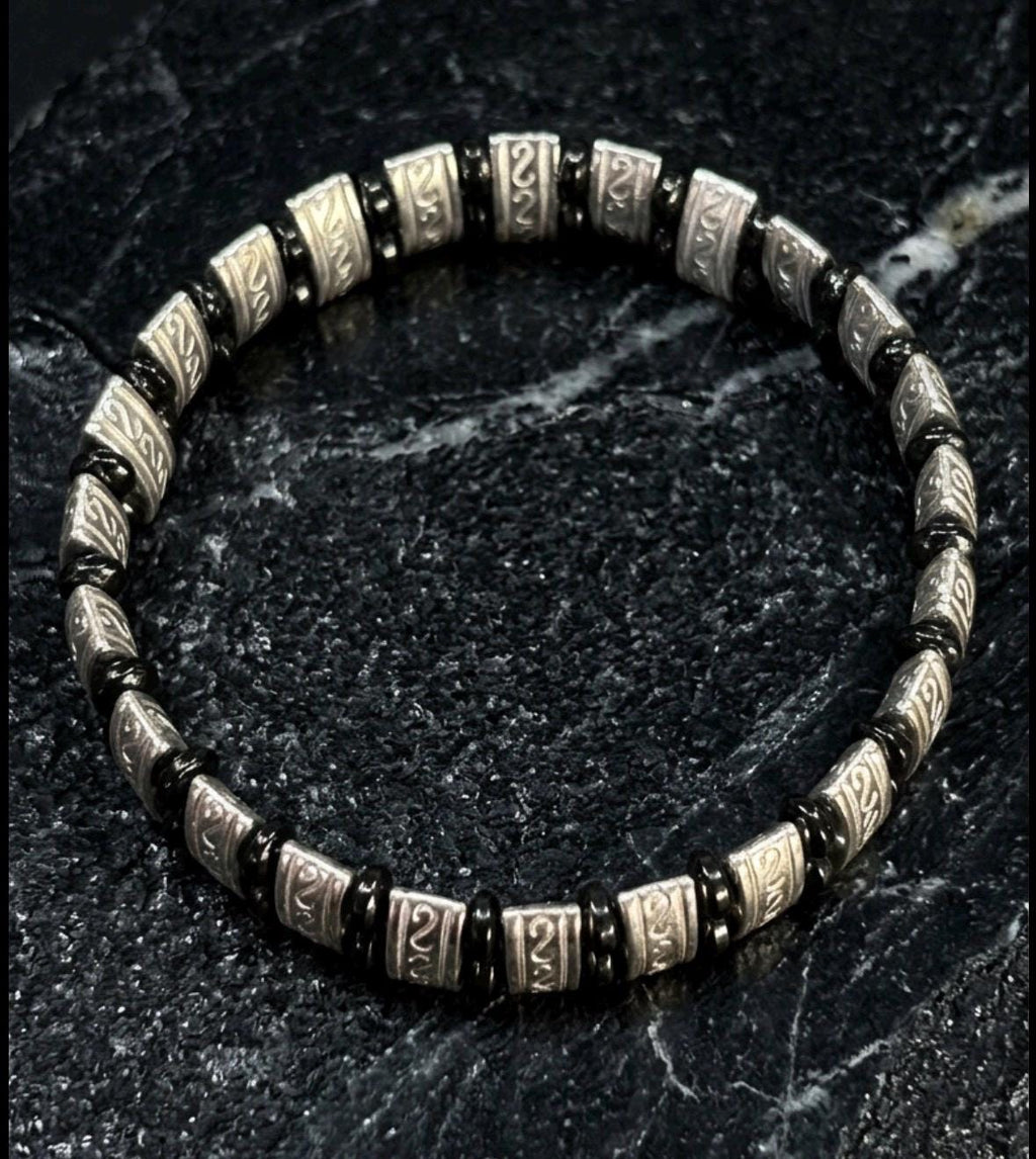 Men's Engraved Silver (Double Strand Beads)  Tribal Style Jewelry