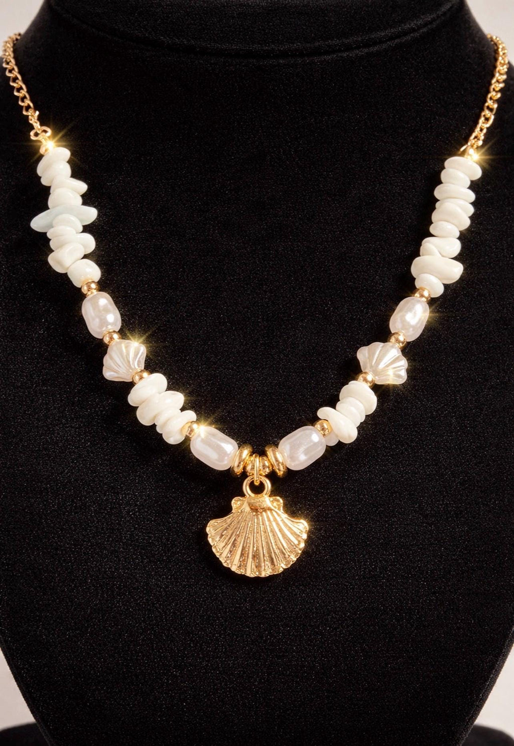 White Stone and Golden Clam Shell  Necklace, Gold Beach Jewelry, Ocean Inspired Summer Chain