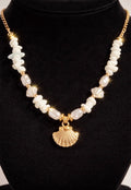 White Stone and Golden Clam Shell  Necklace, Gold Beach Jewelry, Ocean Inspired Summer Chain