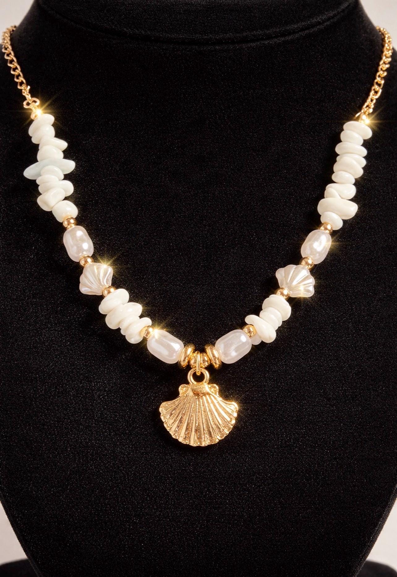 White Stone and Golden Clam Shell  Necklace, Gold Beach Jewelry, Ocean Inspired Summer Chain