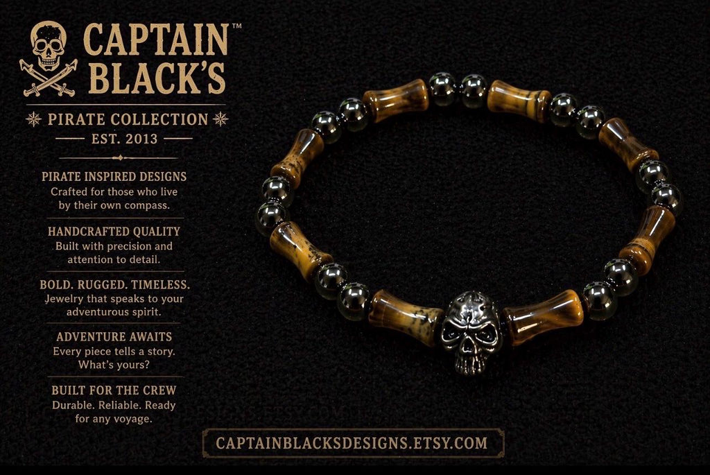 Men's Pirate Skull Bracelet: Tiger Eye, Hematite, Captain Black's Collection