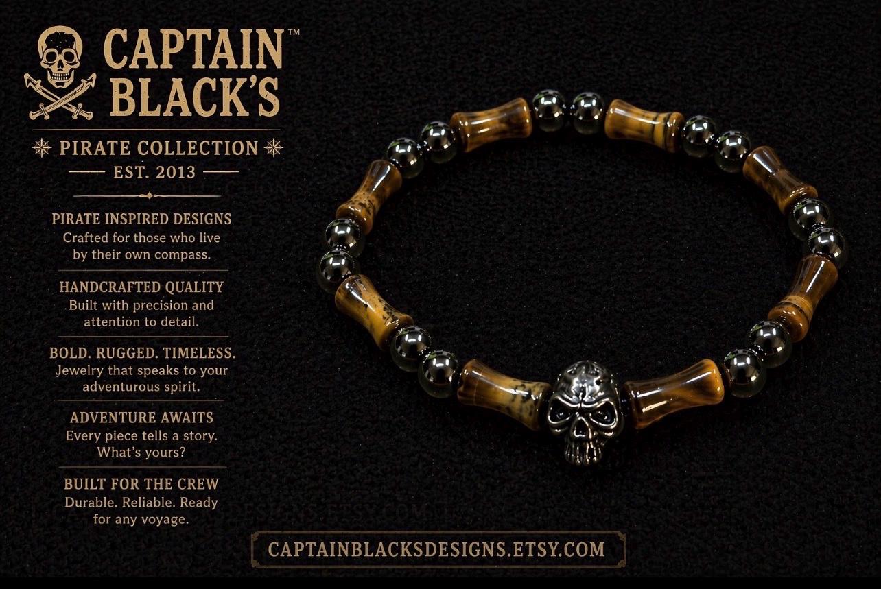 Men's Pirate Skull Bracelet: Tiger Eye, Hematite, Captain Black's Collection
