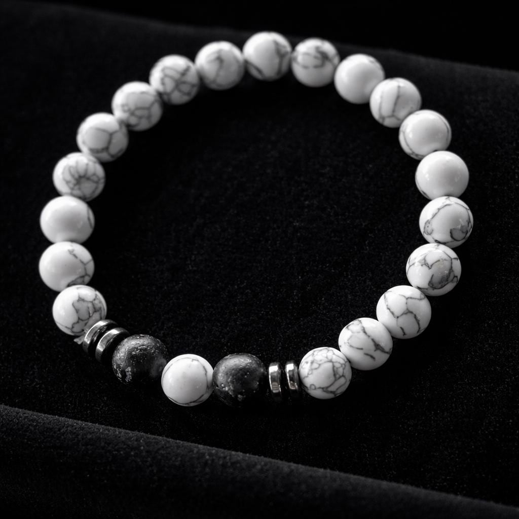 White  beads with Black and silver accents