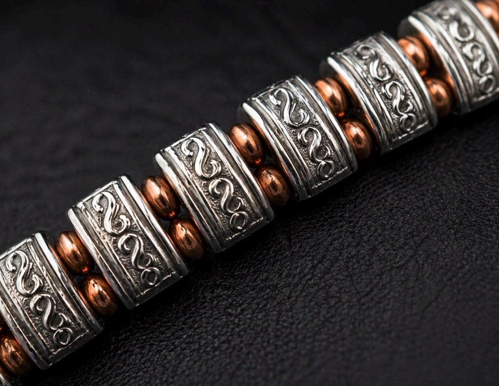 Engraved Silver-Toned Copper Beaded Bracelet – Men’s Modern Masculine Jewelry