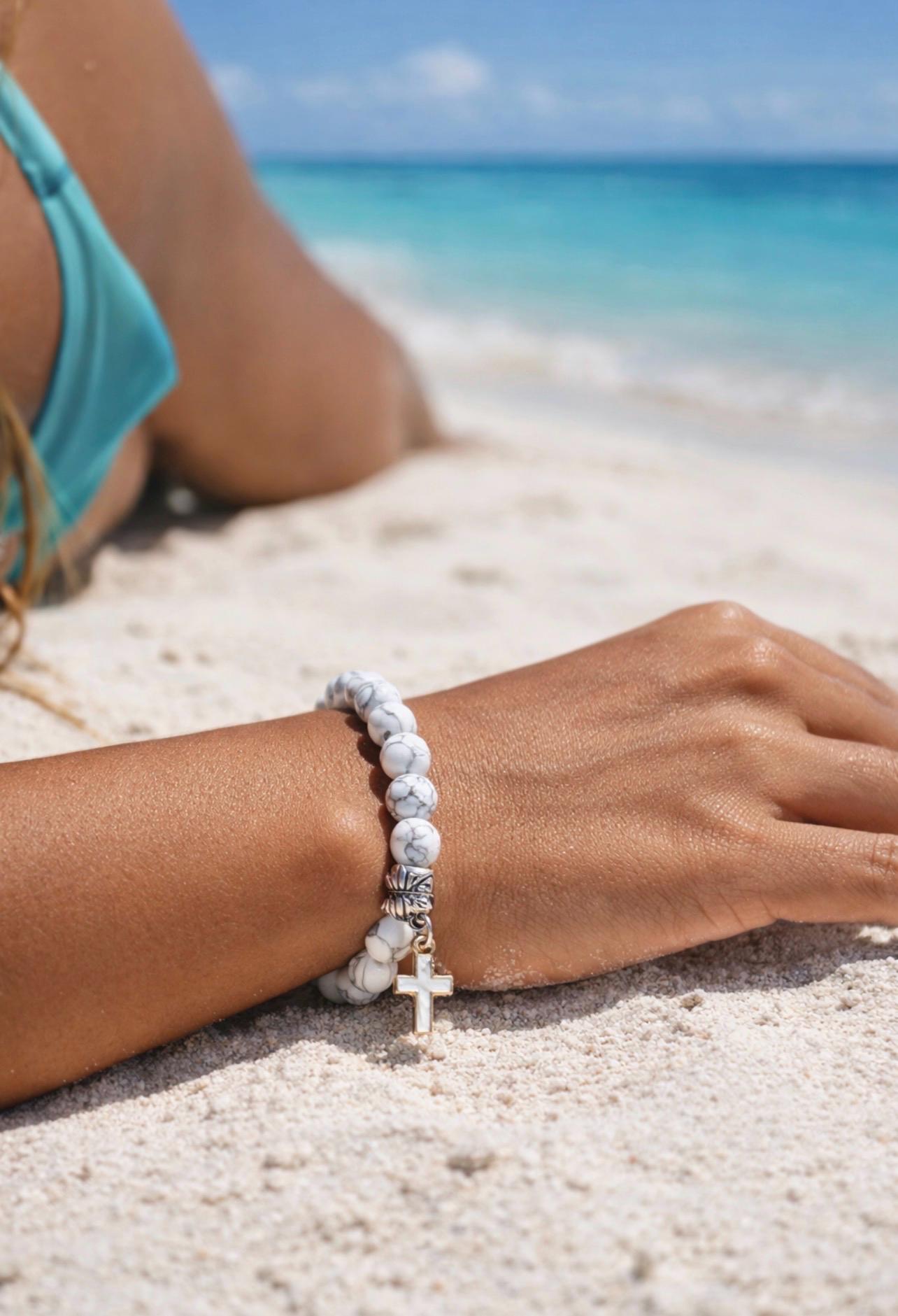 BEACH BLISS - White Marble Beads with Cross