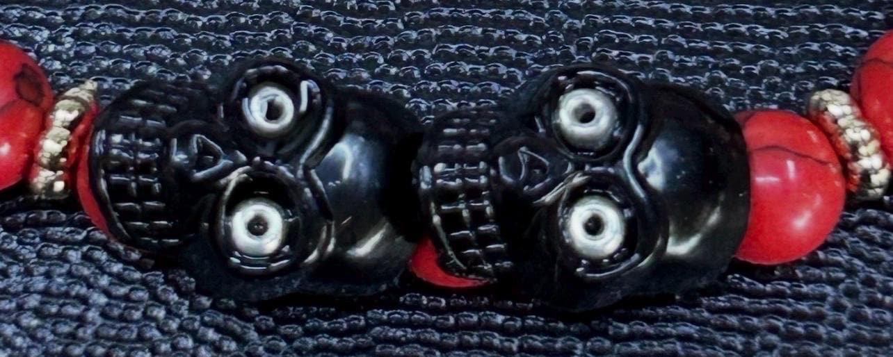 Crimson Corsair Bracelet – Red Marbled Beads, Twin Skull Centerpiece, Pirate Biker Jewelry