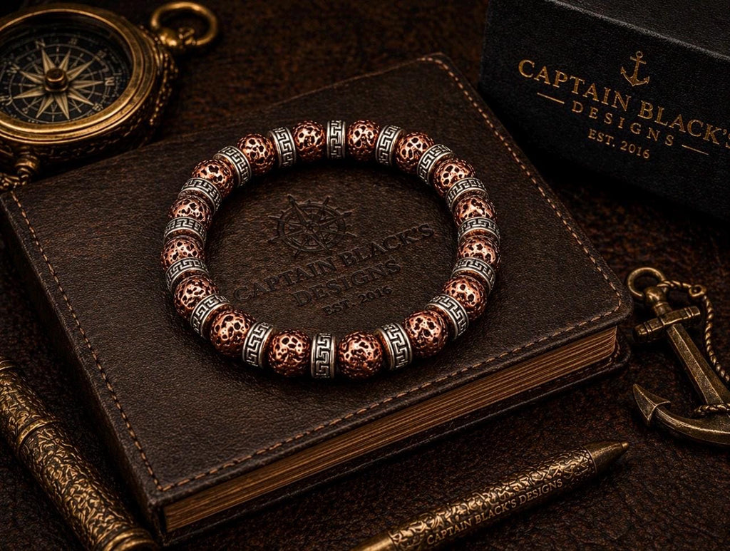 Copper Lava Greek Key Bracelet, Tribal Beaded Stretch Jewelry