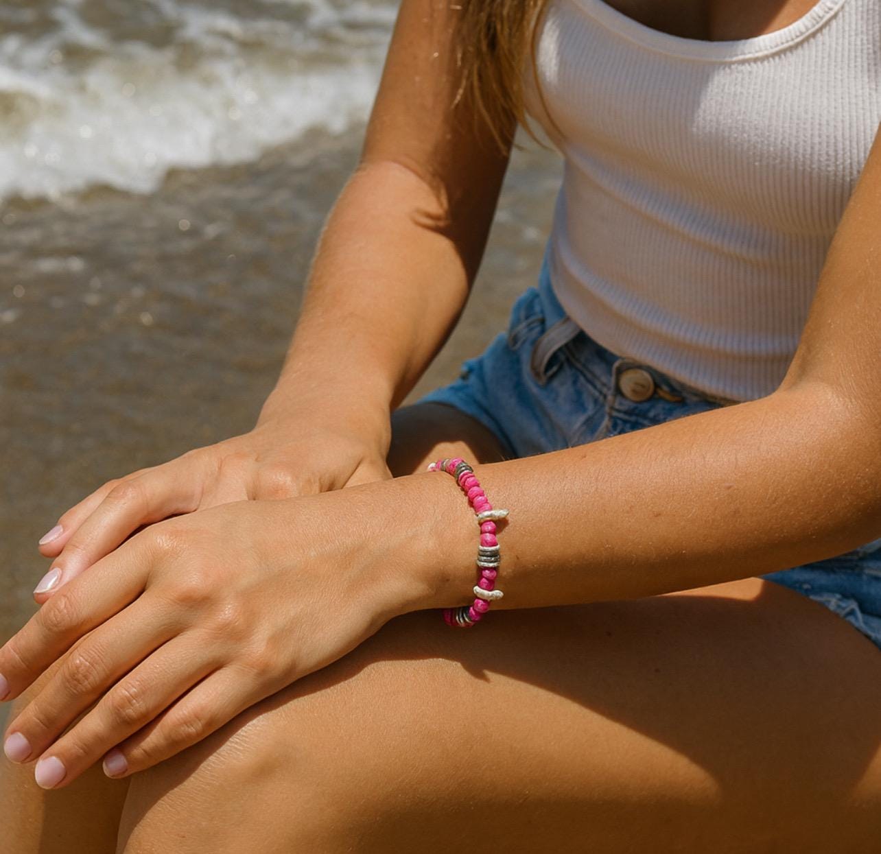 Pink Beaded Bracelet with Silver Accents & Conch Shells