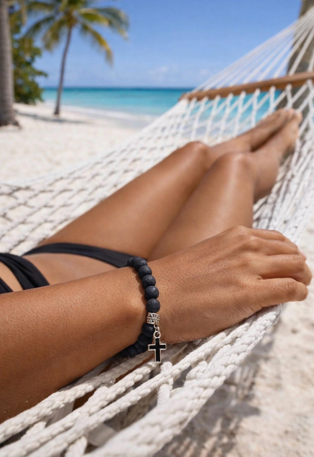 BEACH BLISS - Black Lava Beads with Black Cross