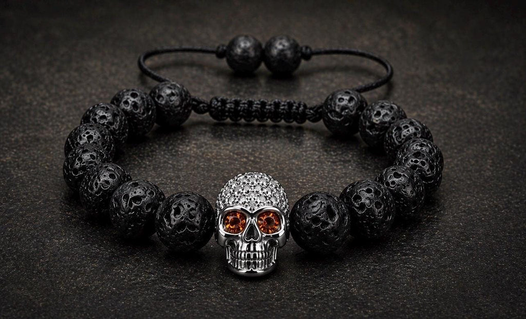 Pirate Collection. Captain Black Skull Lava Bracelet Collection | Silver Skull Bead Bracelet for Men