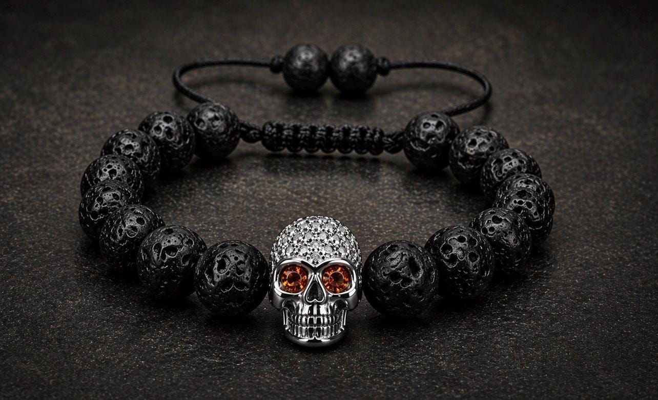 Pirate Collection. Captain Black Skull Lava Bracelet Collection | Silver Skull Bead Bracelet for Men