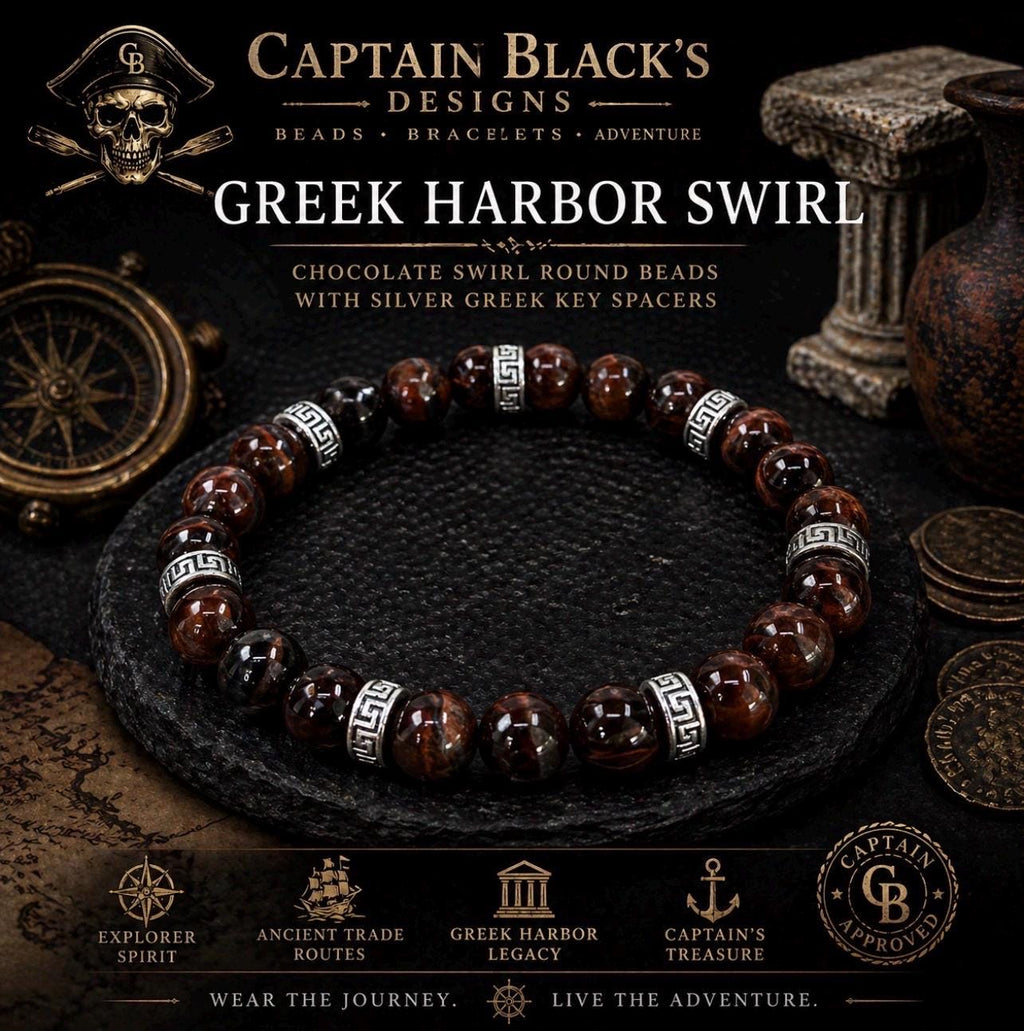 Greek Harbor Swirl Bracelet – Men’s Brown Beaded Jewelry with Silver Greek Key Spacers