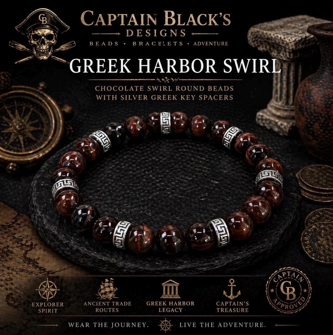 Greek Harbor Swirl Bracelet – Men’s Brown Beaded Jewelry with Silver Greek Key Spacers