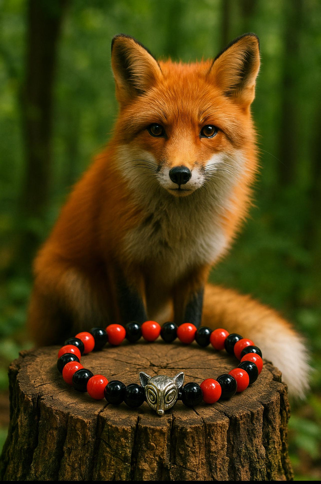 Silver Fox Head Bracelet: Black & Orange Bead Jewelry