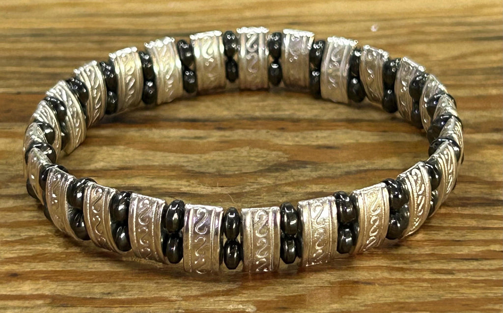 Men's Engraved Silver (Double Strand Beads)  Tribal Style Jewelry