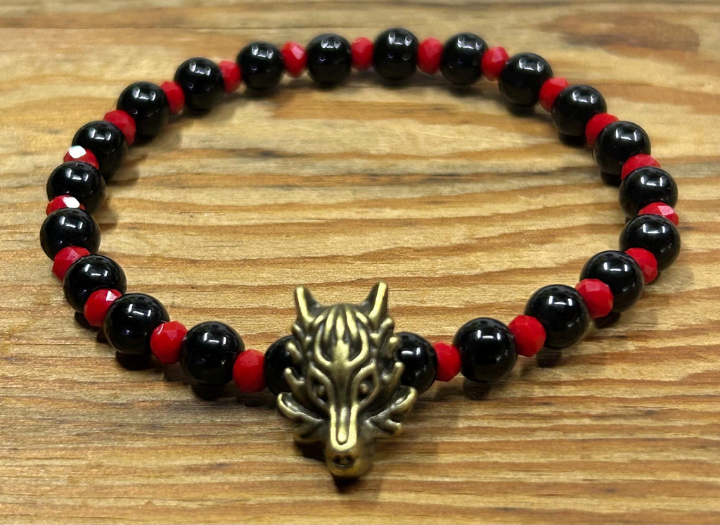 Wolf Head Beaded Bracelet: Bronze Tone, Black and Red Beads