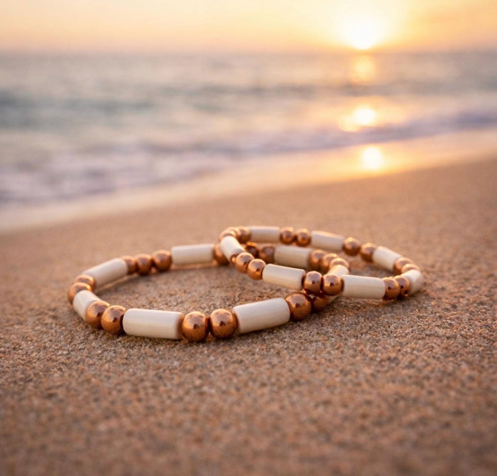 Couples Copper and Buffalo Bone Bracelets, Matching Set, Handmade Stretch Jewelry