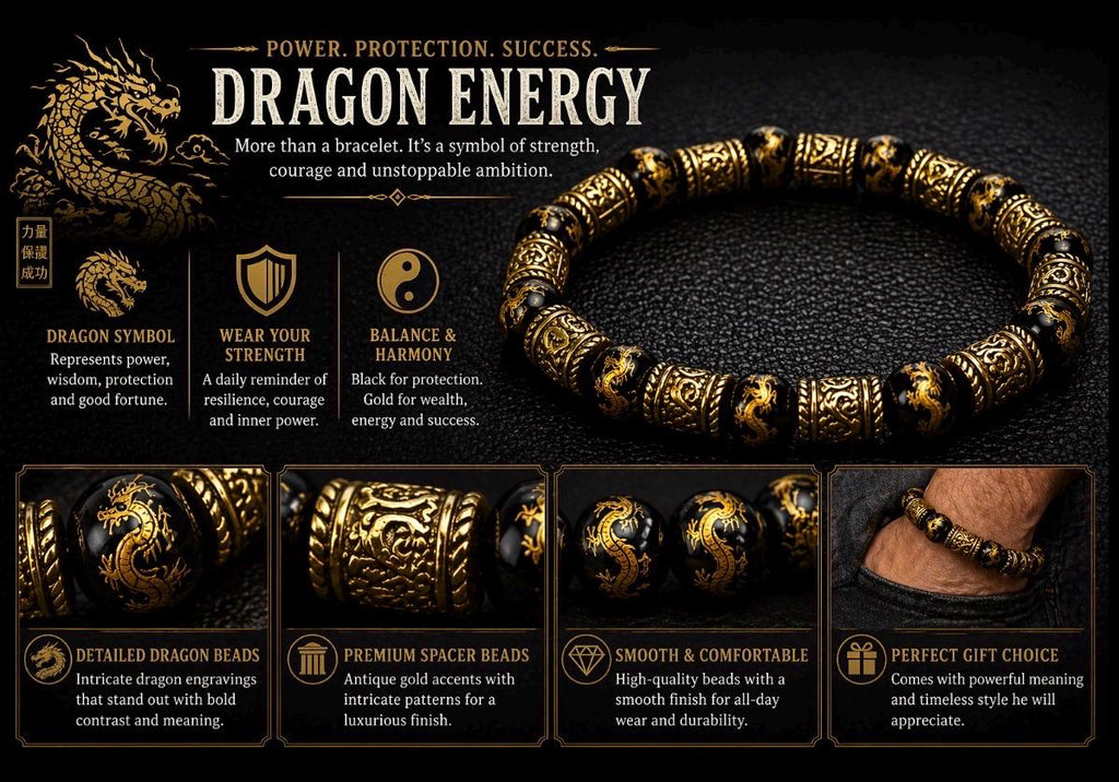Black Gold Dragon Bracelet, Men's Asian Inspired Beaded Jewelry