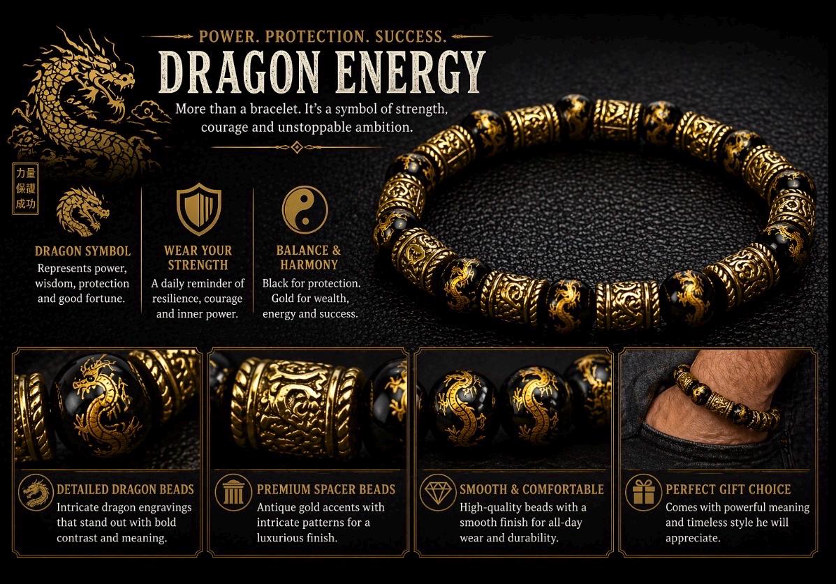 Black Gold Dragon Bracelet, Men's Asian Inspired Beaded Jewelry