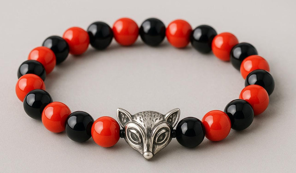 Silver Fox Head Bracelet: Black & Orange Bead Jewelry