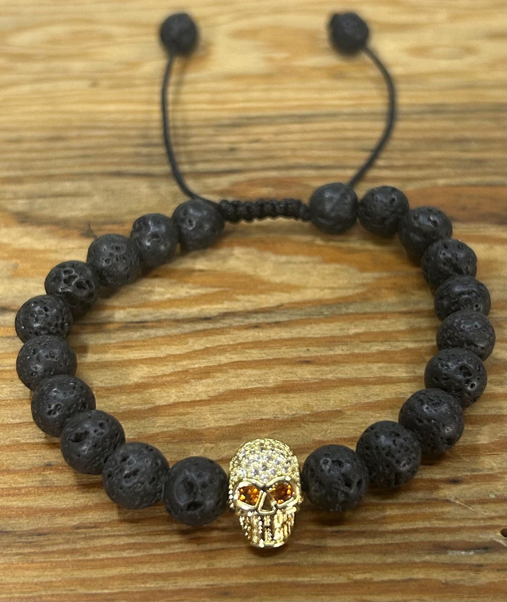 Pirate Collection. Captain Black Skull Lava Bracelet Collection | Gold Skull Bead Bracelet for Men