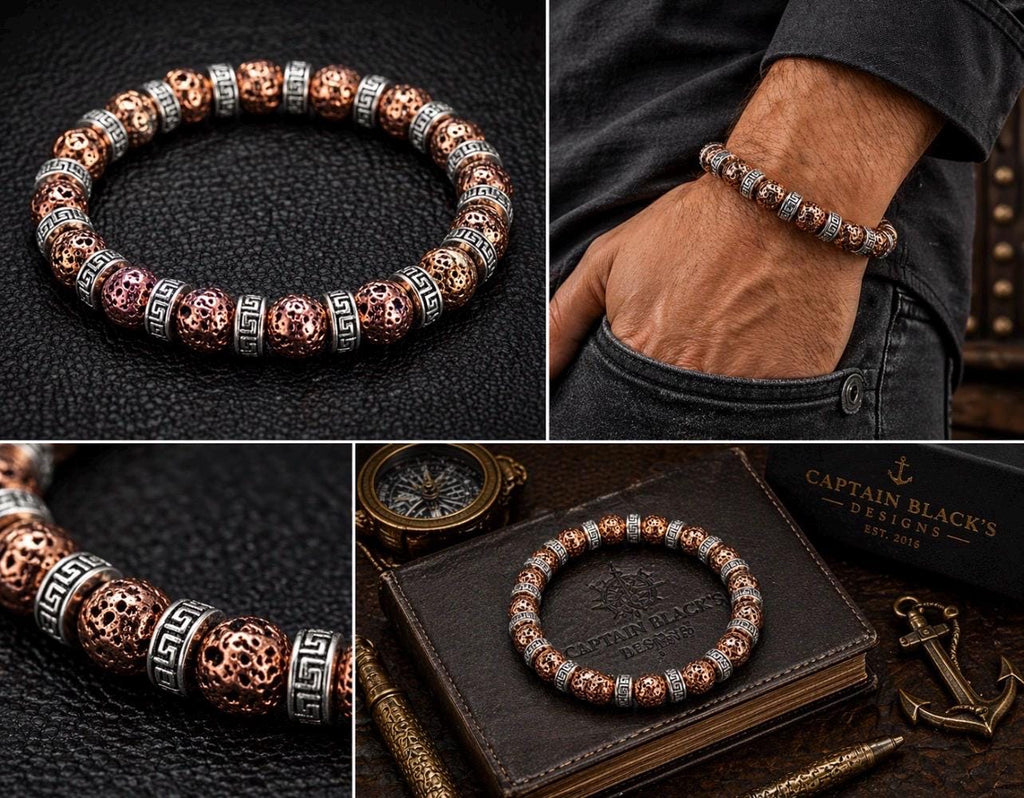 Copper Lava Greek Key Bracelet, Tribal Beaded Stretch Jewelry