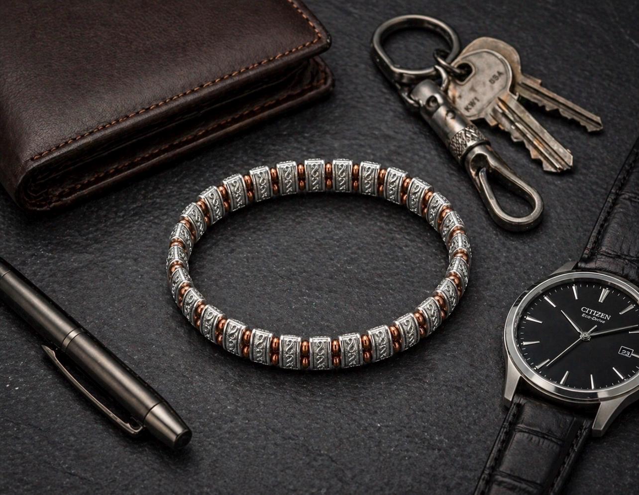 Engraved Silver-Toned Copper Beaded Bracelet – Men’s Modern Masculine Jewelry