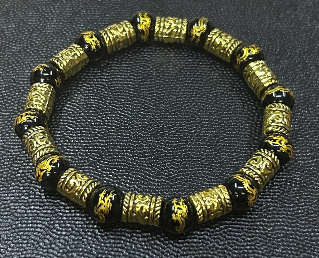 Black Gold Dragon Bracelet, Men's Asian Inspired Beaded Jewelry