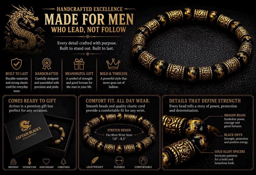 Black Gold Dragon Bracelet, Men's Asian Inspired Beaded Jewelry