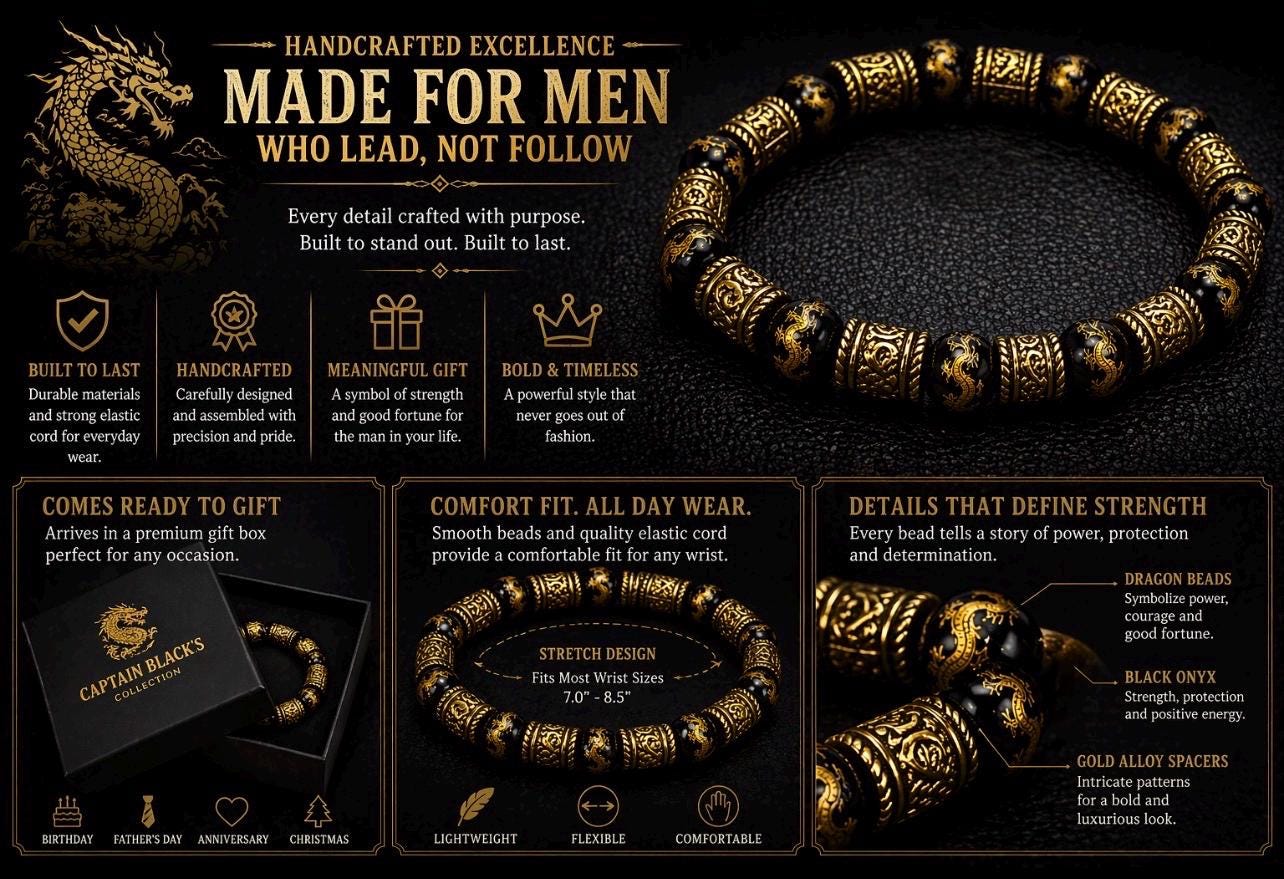 Black Gold Dragon Bracelet, Men's Asian Inspired Beaded Jewelry