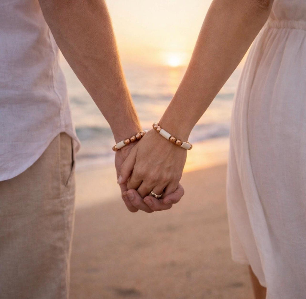 Couples Copper and Buffalo Bone Bracelets, Matching Set, Handmade Stretch Jewelry