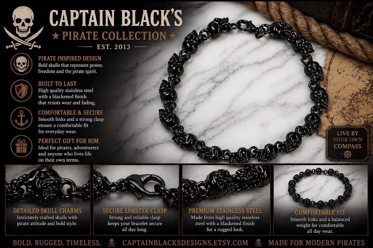 Men's Black Stainless Steel Skull Bracelet: Pirate Chain Jewelry