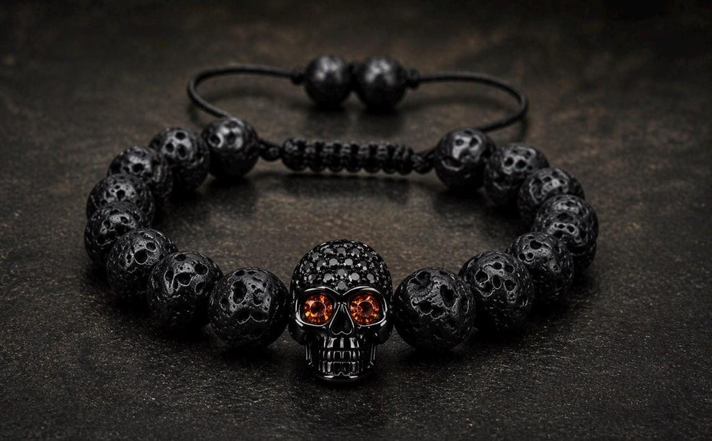 Pirate Collection. Captain Black Skull Lava Bracelet Collection |Black Skull Bead Bracelet for Men