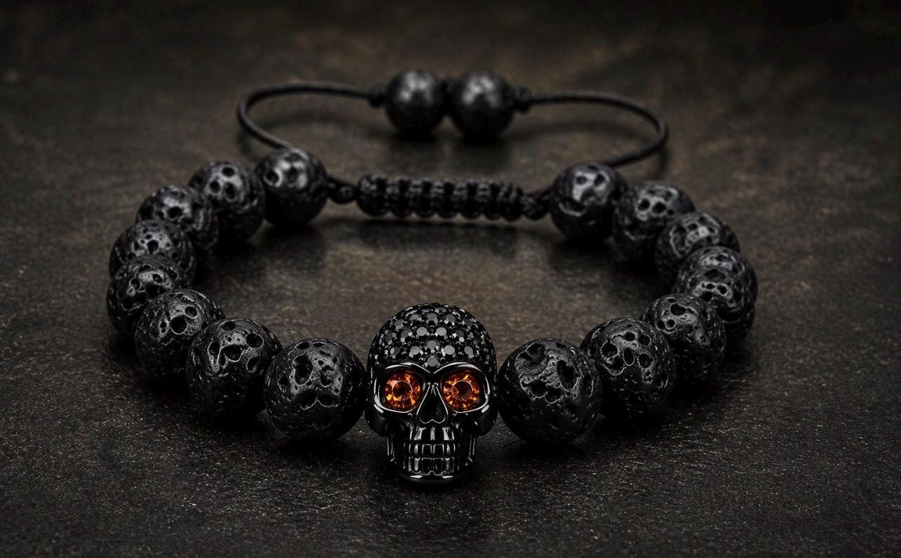 Pirate Collection. Captain Black Skull Lava Bracelet Collection |Black Skull Bead Bracelet for Men
