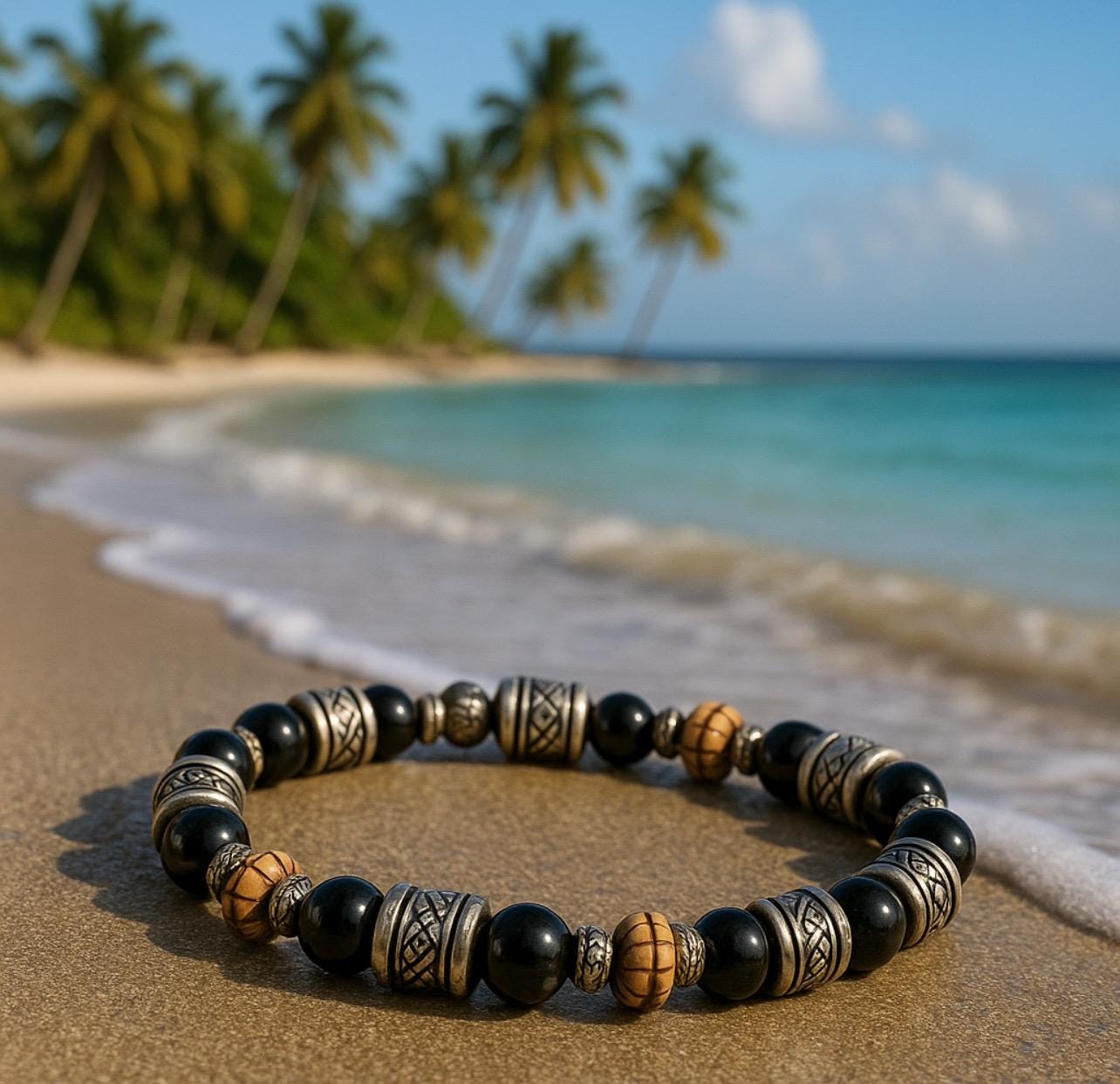 Beaded Bracelet: Black Onyx, Sterling Silver Accents